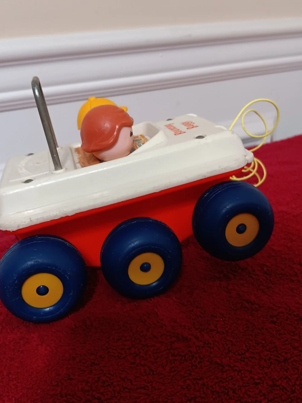 Vintage 1973 Fisher-Price Bouncing Buggy Pull Toy - White, Red & Blue